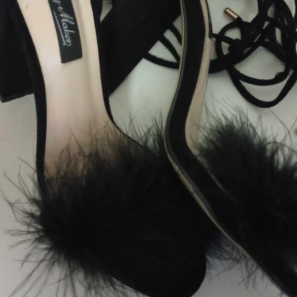 Black feather heels lace up 3-4 inch heels size 6 - Picture 4 of 7